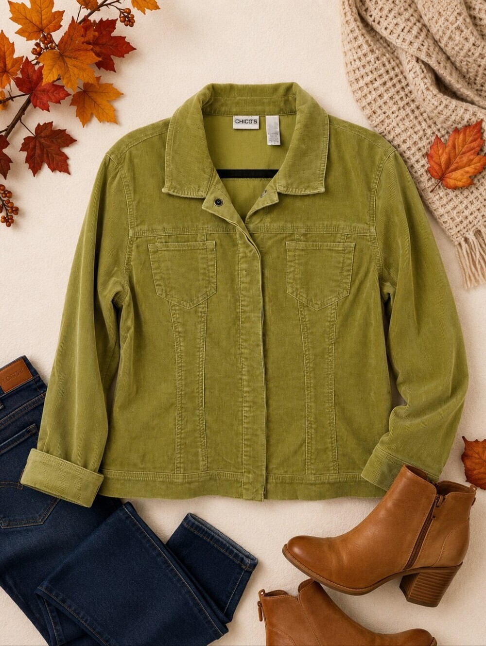 Chicos Olive Green Truckers L Sleeve Snap Cot Trucker Jacket Ladies Chicos2(12)